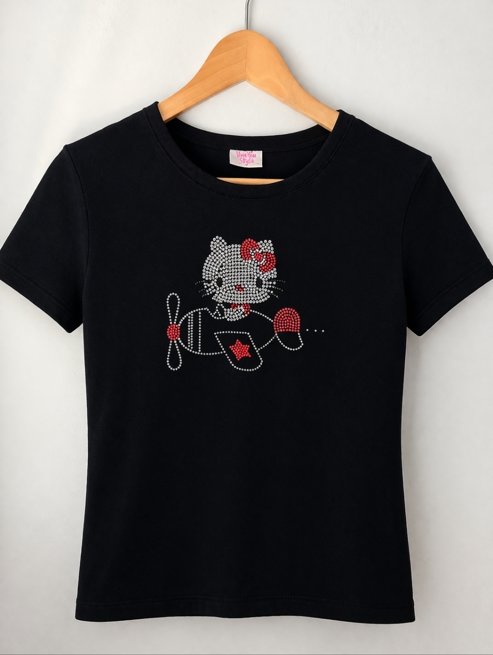 Hello Kitty Rhinestone Tee Black Graphic Top Women’s Small/Medium Y2K